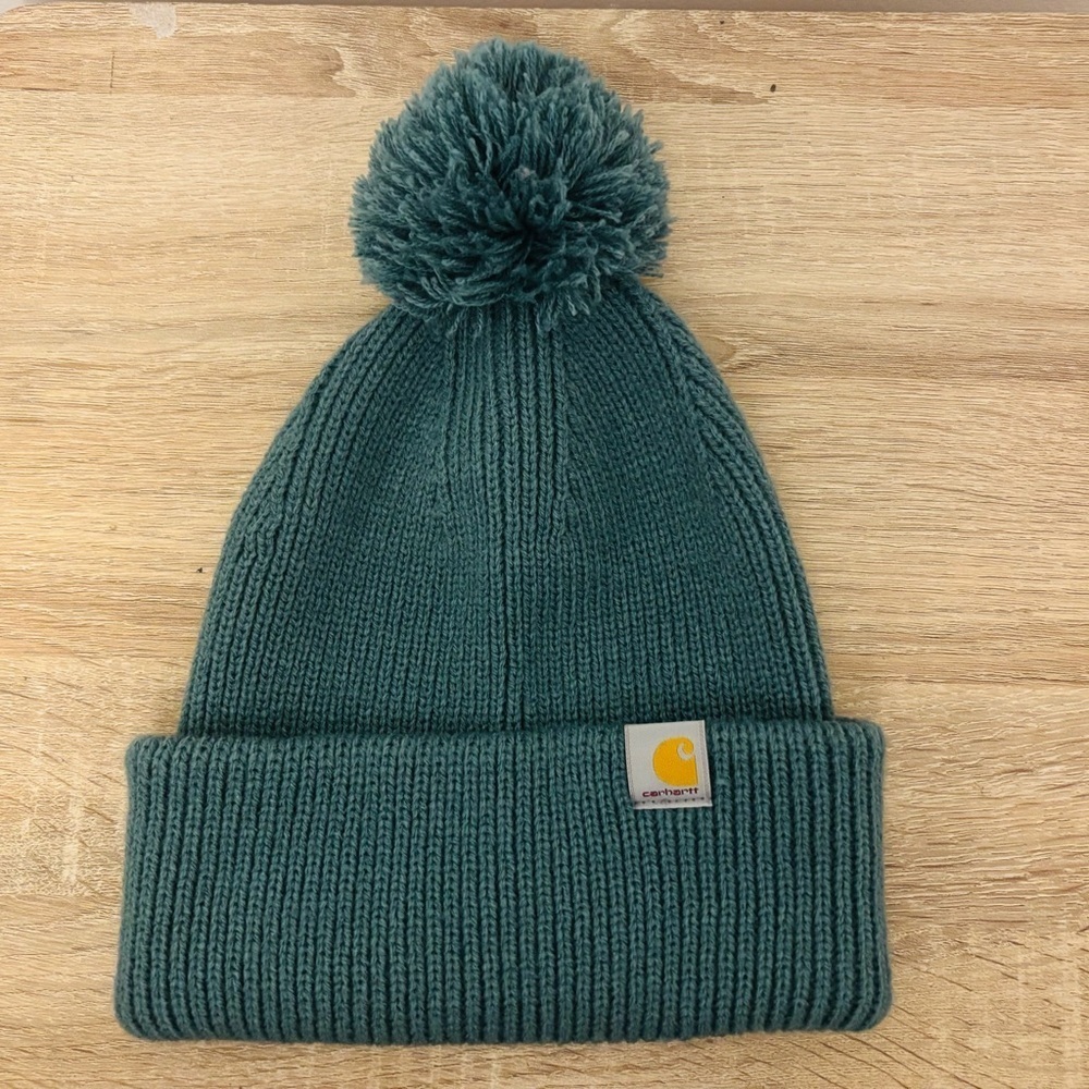 Carhartt Green Knit Pom Pom Cuffed Beanie Hat NWT